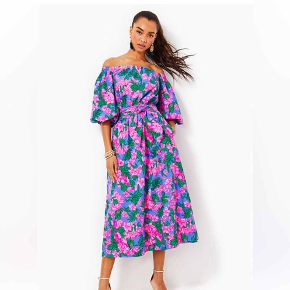 Shawnlee Elbow Sleeve Off-The-Shoulder Cotton Midi Dress size large